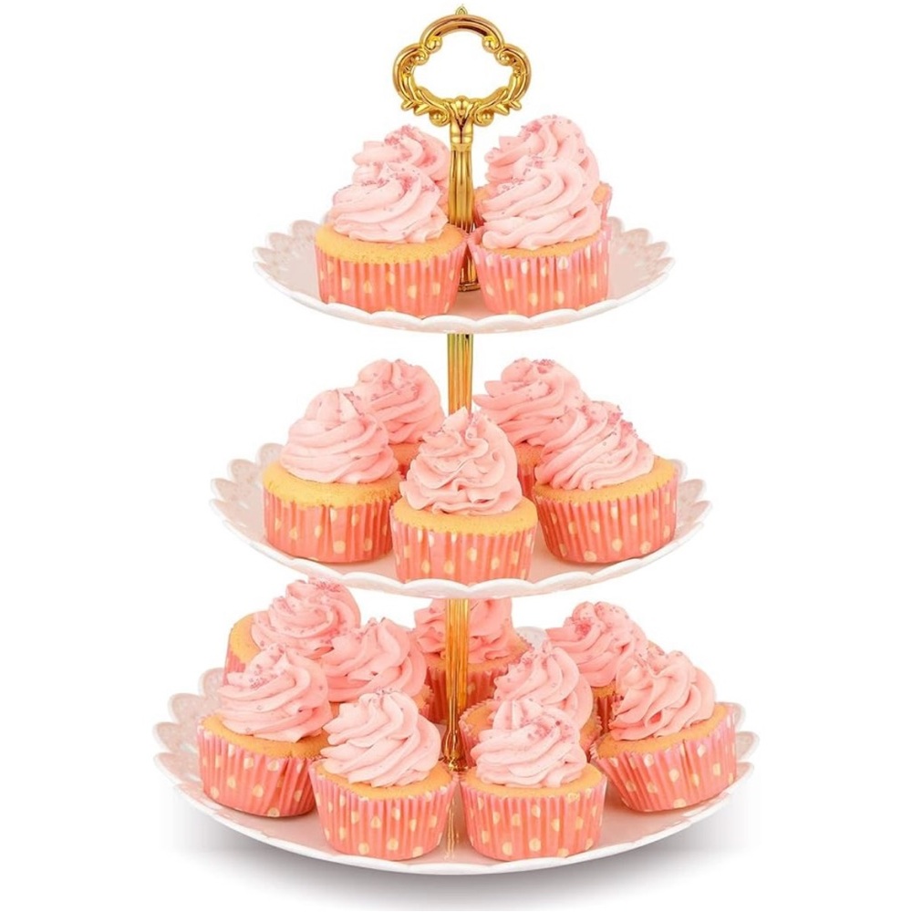 NWK Large 3-Tier Cupcake Stand 10.9Inch Plastic Serving Tray-white & gold-
